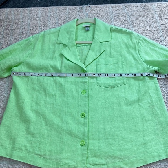 A New Day Linen Blend Lime Green Button Front Blouse Size Small Boxy Fit Cruise - Picture 6 of 11